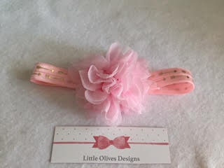 baby pink tulle satin flower with pink headband with gold arrows