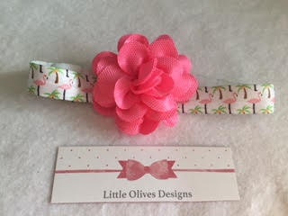 small pink flower with flamingo and palm trees headband