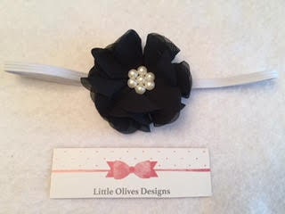 black chiffon flower with pearl center and white skinny elastic headband