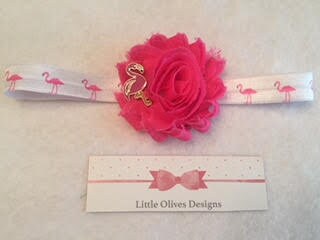 hot pink shabby flower with flamingo accent and hot pink flamingos on white headband