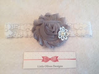 light gray shabby flower with accent and white lace elastic headband