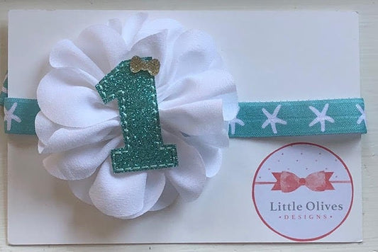 first birthday headband - light teal and white starfish first birthday headband