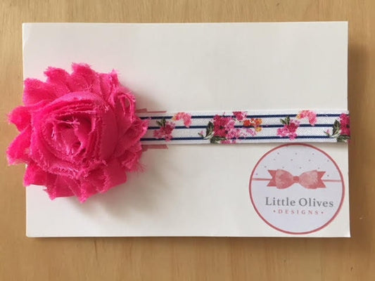 pink flower with navy stripe and floral headband
