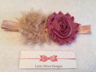 mauve and tan shabby flowers with tan elastic headband