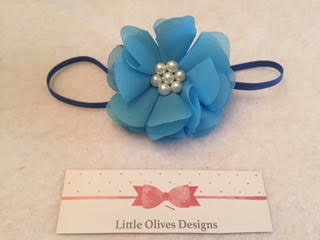light blue chiffon flower with pearl center and skinny blue elastic headband