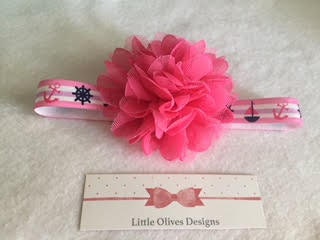 pink tulle and chiffon flower with pink and blue sailboat headband