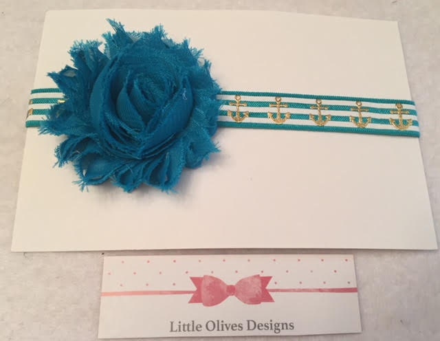teal flower with teal and white stripe anchor headband