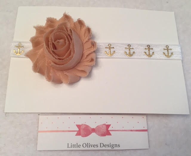 tan flower with white and gold anchor headband