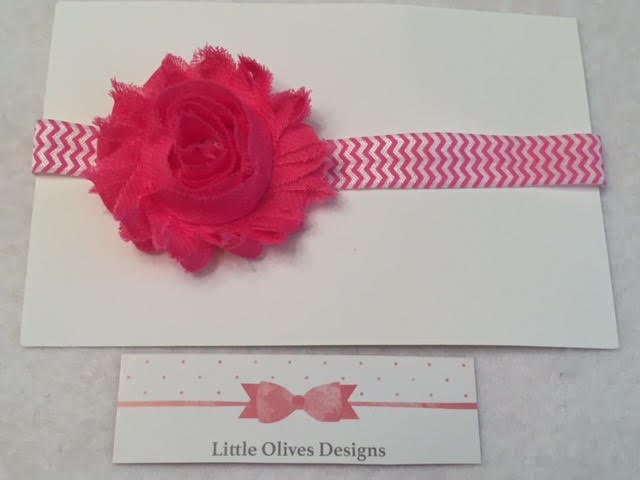 hot pink flower with white and pink chevron headband