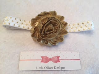 gold flower with white and gold dots headband