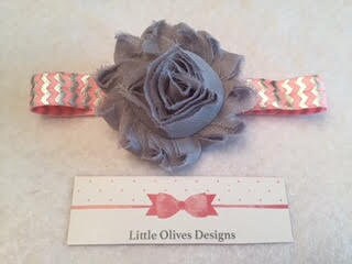 gray flower with silver and pink chevron headband