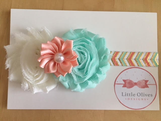 beach colors - white aqua and light coral headband