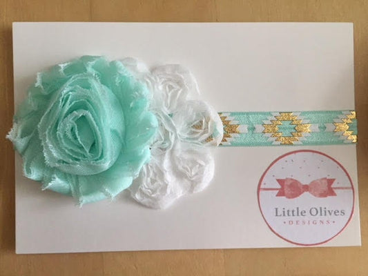 aqua aztec headband with aqua and white flowers