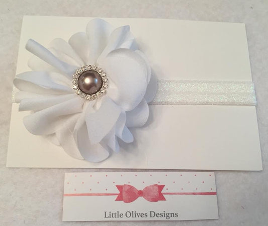 white flower with gray pearl center and rhinestones with glitter white headband