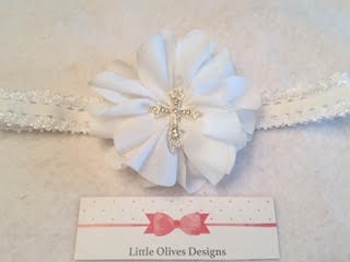 white flower with rhinestone cross and picot lace elastic headband