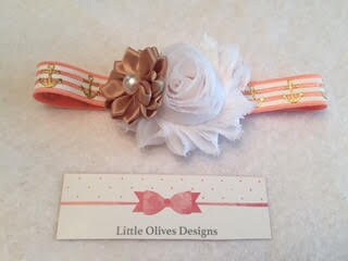 white and tan flowers with pink and white stripe anchor headband