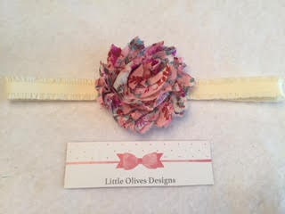 multi pink flower with ivory elastic headband