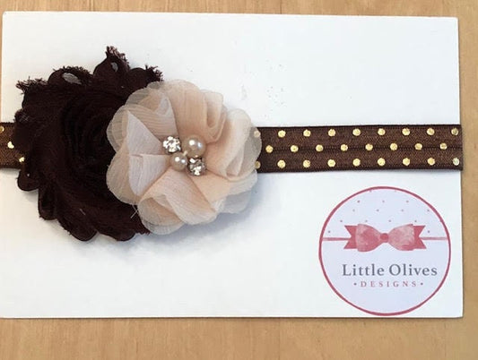 Fall theme headband - brown and cream flowers with brown and gold dots headband