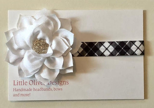 White poinsettia with white and black plaid headband