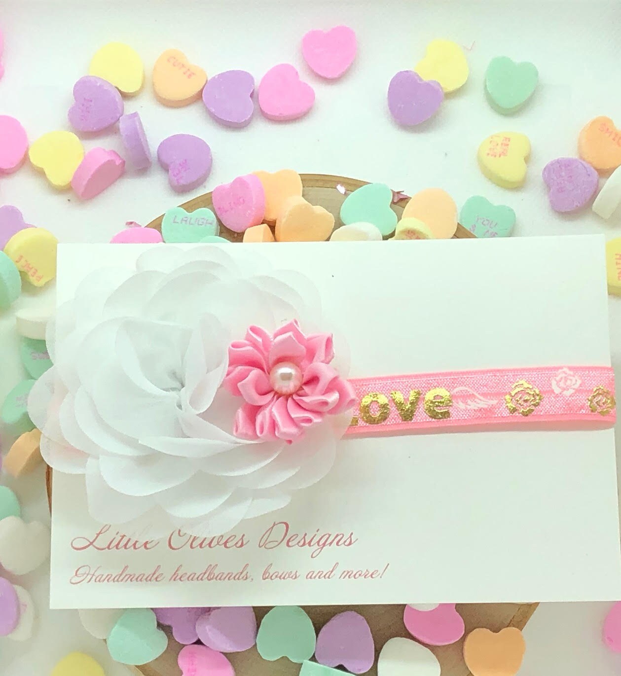 white and pink love Valentine's Day headband
