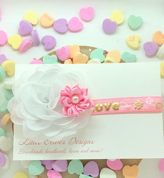 white and pink love Valentine's Day headband