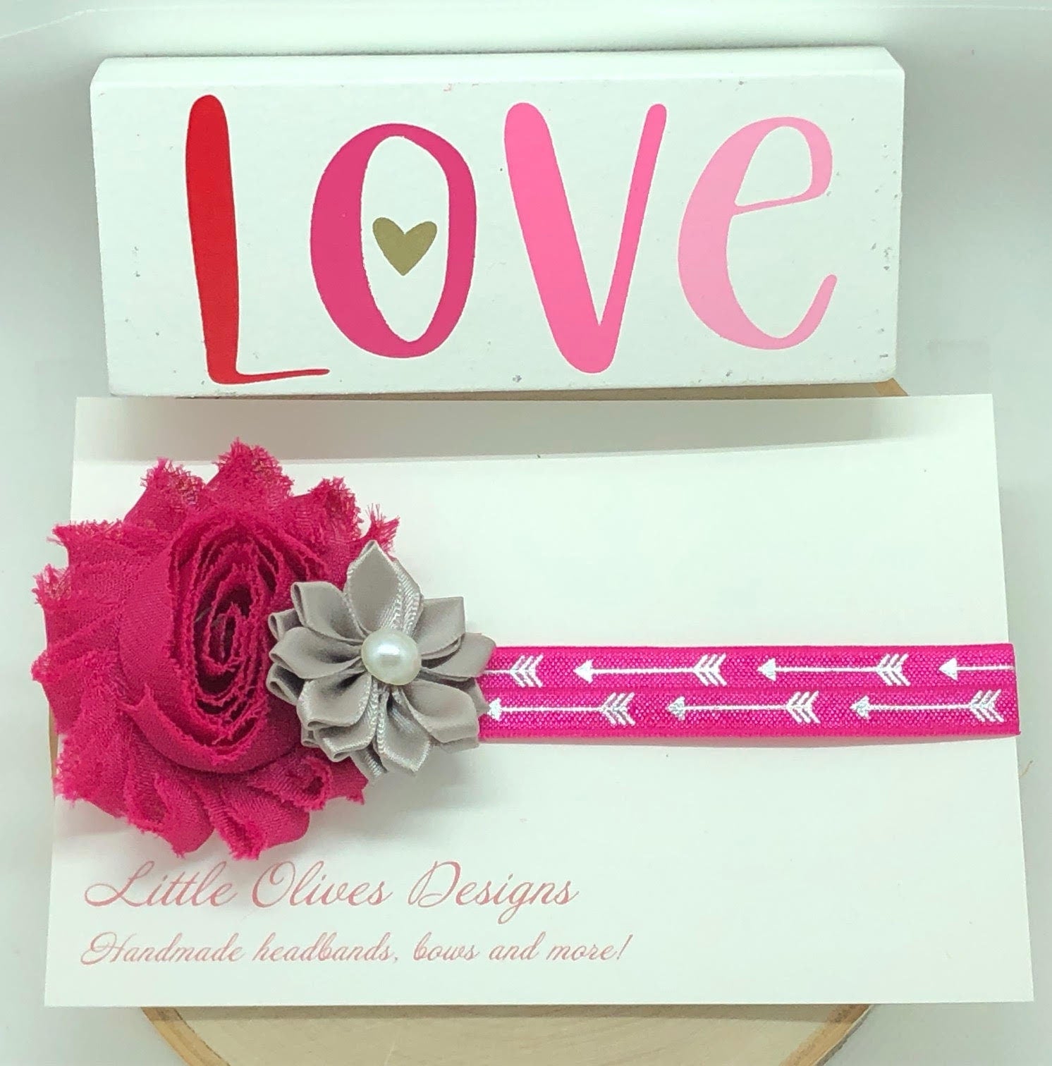 hot pink and grey flower headband - silver arrow headband