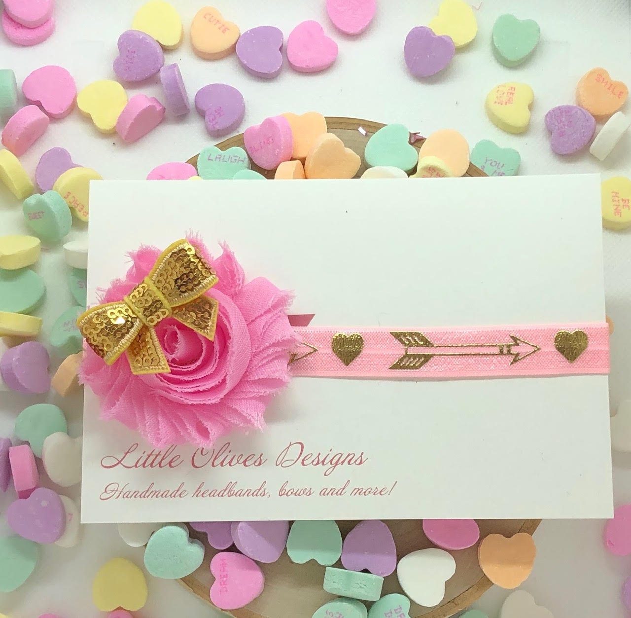 pink and gold heart and arrow Valentine's Day elastic headband