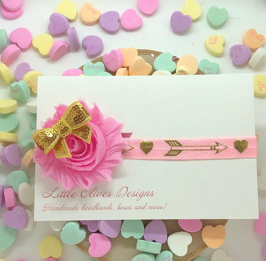 pink and gold heart and arrow Valentine's Day elastic headband