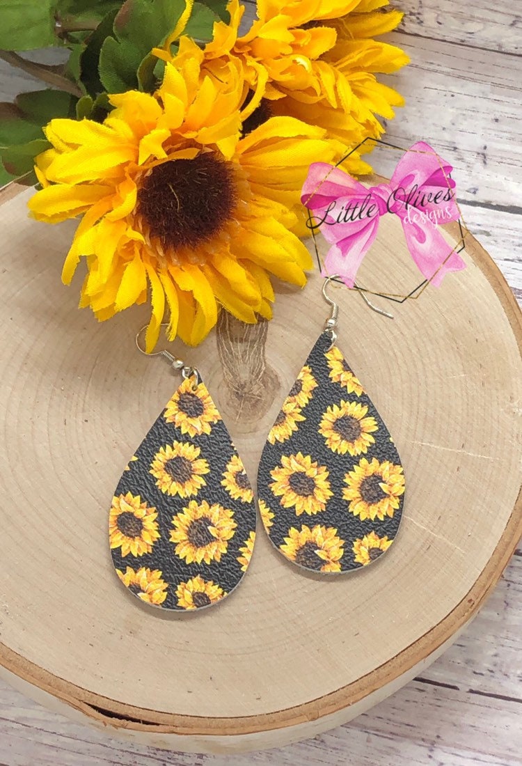 Sunflower earrings - genuine leather earrings