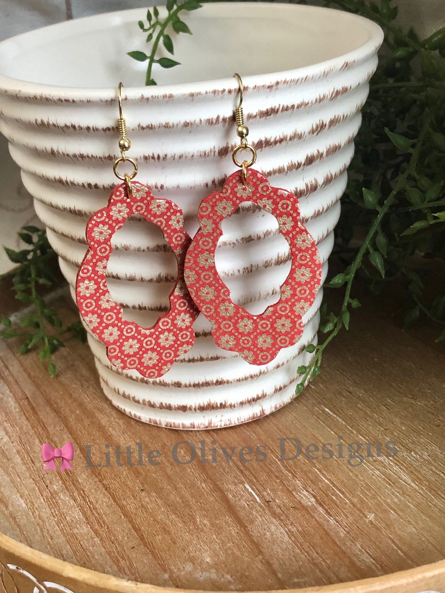 Red and gold filigree- genuine leather - fancy earrings