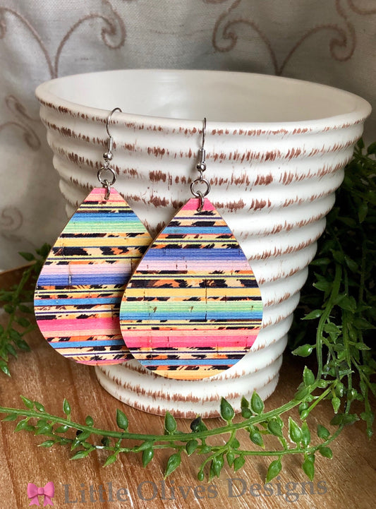 Serape animal print chubby teardrop earrings - portuguese cork - genuine leather