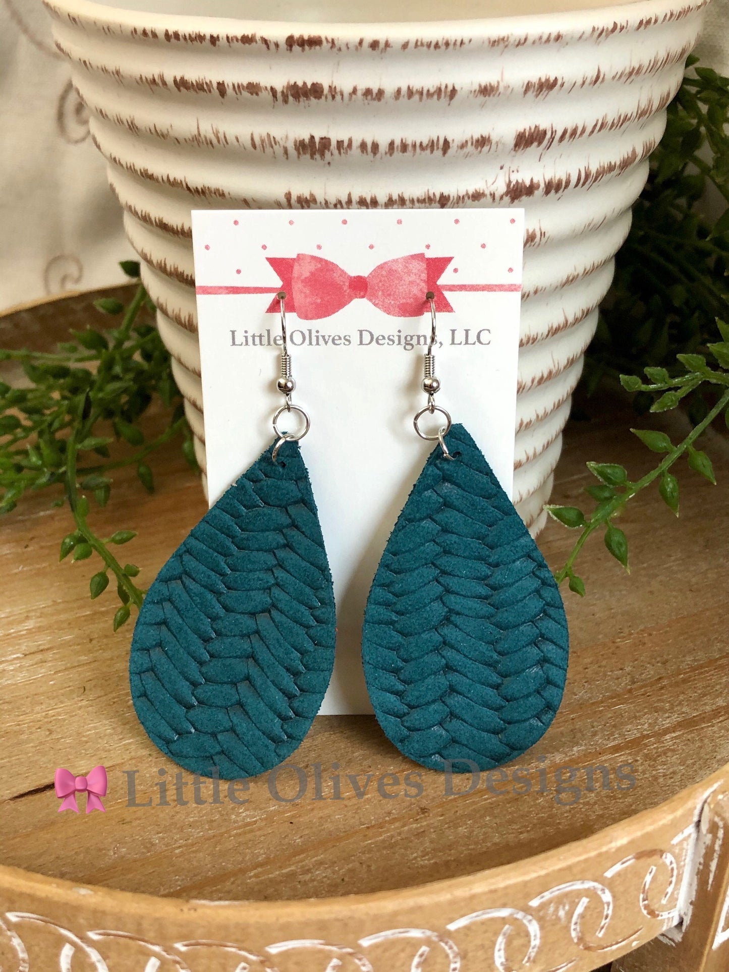 Peacock - teal - Braided genuine leather teardrop earrings