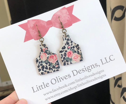 Rose and animal print mini cow tag earrings - genuine cork and leather
