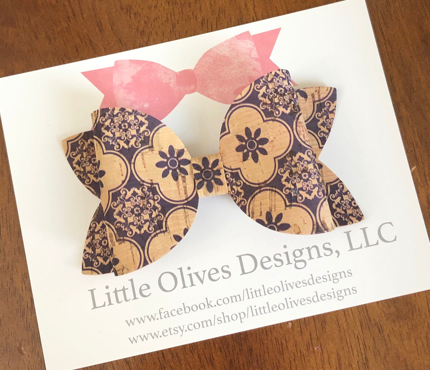 Blue tile hair bow - Portuguese blue tile printed cork hair bow