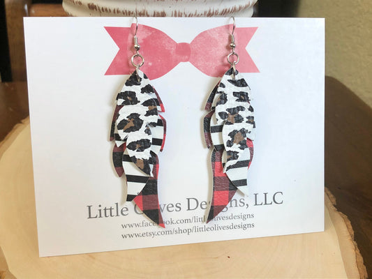 Triple feather genuine leather earrings