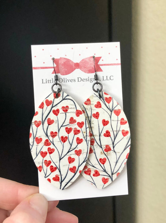 Valentine’s Day earrings - hearts and vines genuine cork and leather earrings