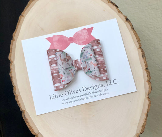 Friendly forest friends and fawn print faux leather hair bow