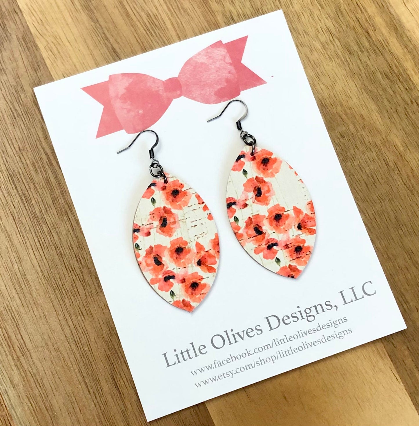 Poppy flower genuine cork earrings