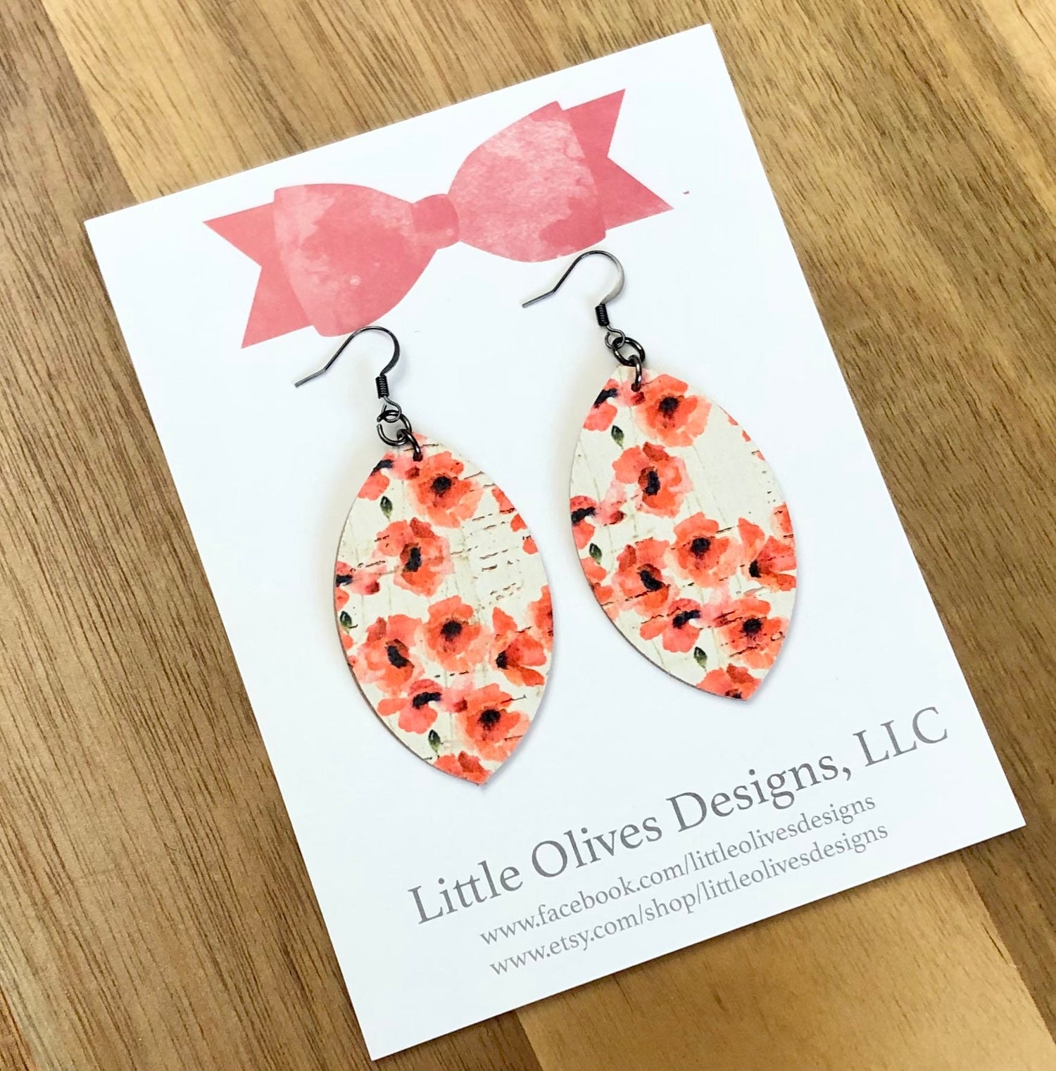 Poppy flower genuine cork earrings