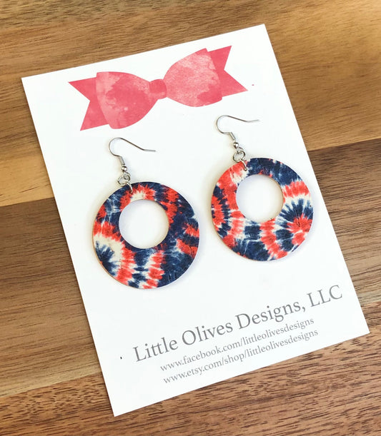 4th of july tie dye earrings - red, white and blue tie dye earrings - genuine cork earrings