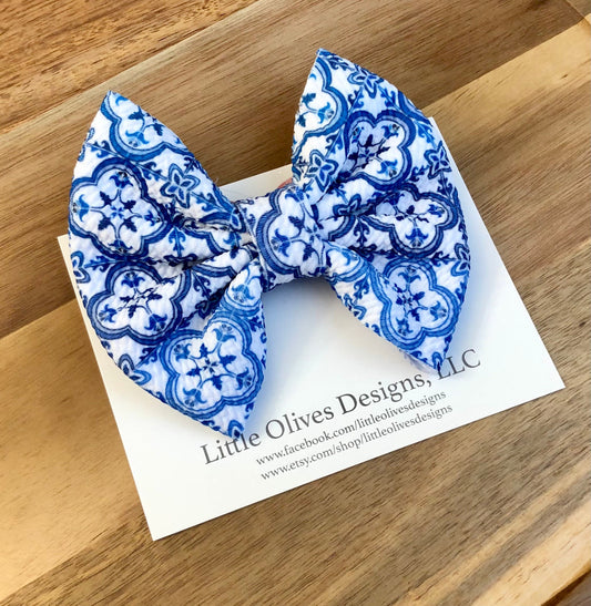 Blue tile bow or scrunchie