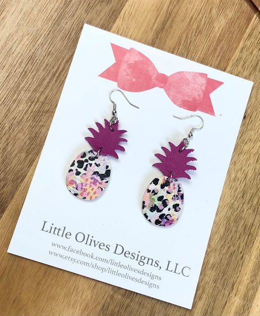 Purple and rainbow pineapple earrings - leopard genuine leather earrings