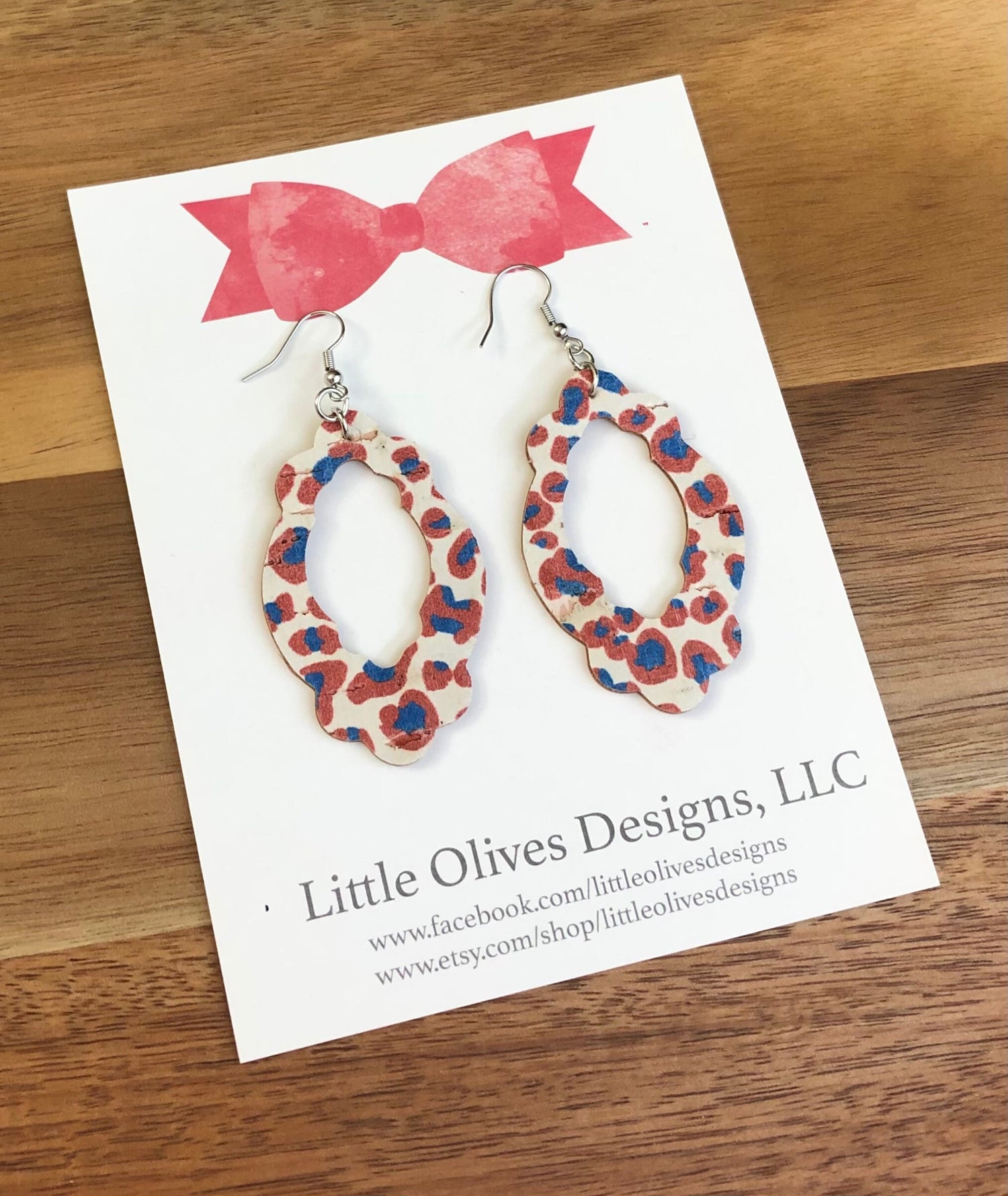 Red, white and blue cheetah earrings - 4th of July earrings - genuine cork earrings