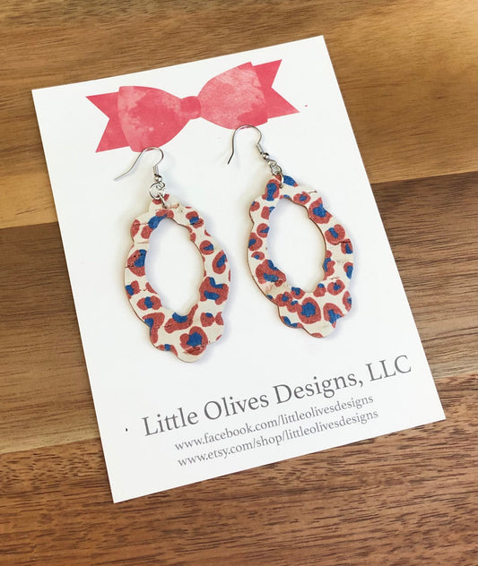 Red, white and blue cheetah earrings - 4th of July earrings - genuine cork earrings