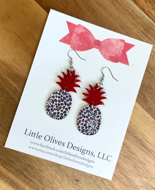 Patriotic pineapple earrings - patriotic leopard print earrings - genuine leather earrings