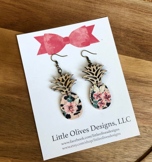 Floral leopard pineapple woodland cork earrings