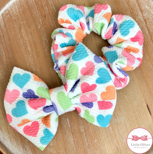 rainbow hearts fabric hair bow - rainbow hearts scrunchie