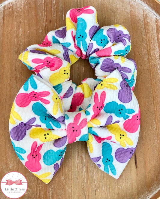 Easter bunny shaped candy themed fabric hair bow - Easter bunny shaped candy scrunchie