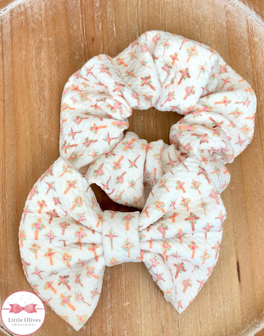 Easter floral cross fabric hair bow - Easter floral cross scrunchie