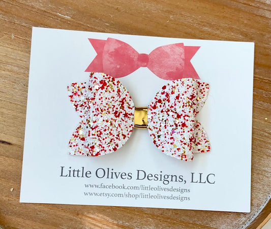 white and red glitter hairbow - Valentine's Day hairbow - Christmas hairbow
